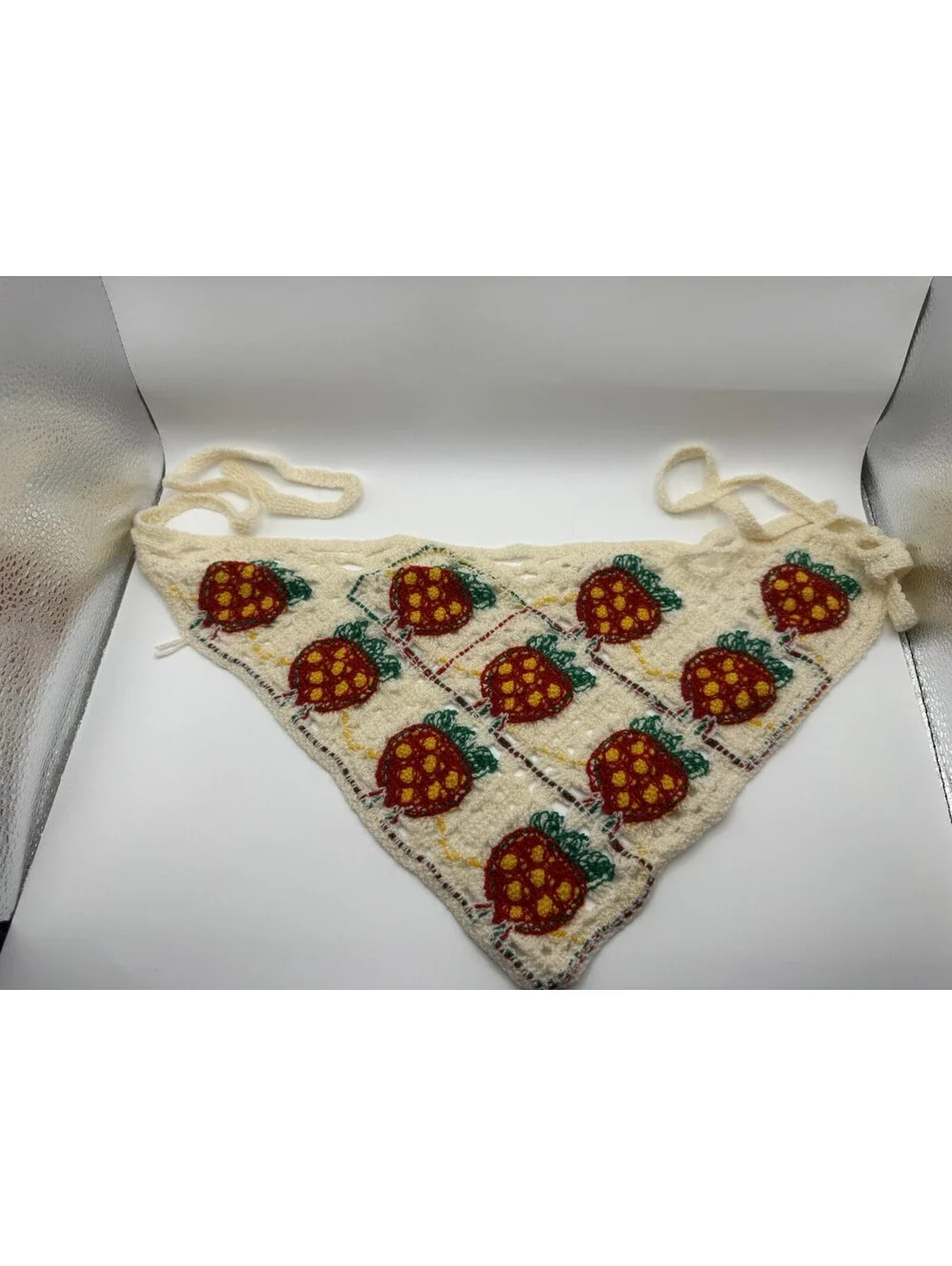 Handmade Crochet Strawberry Bandana Triangle Hair Scarf Cream Head Kerchief Boho